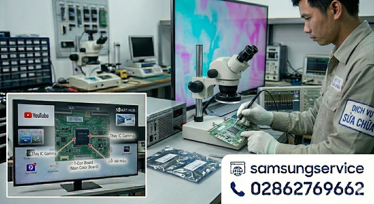 Tivi Samsung bị lỗi IC Gamma trên bo T-con gây sai màu, âm ảnh