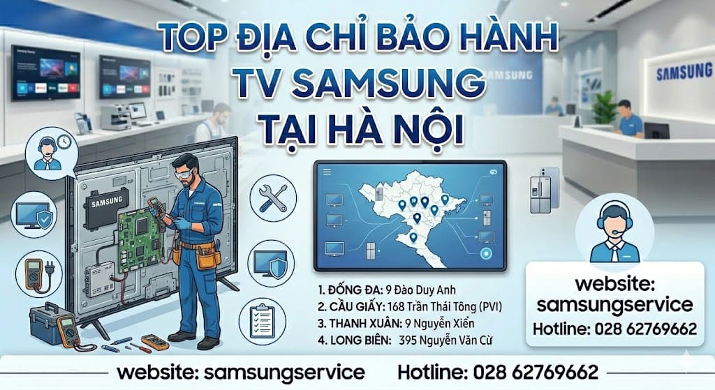 Kỹ thuật viên tại địa chỉ bảo hành tivi Samsung tại Hà Nội đang ép cáp sửa lỗi sọc màn hình tivi